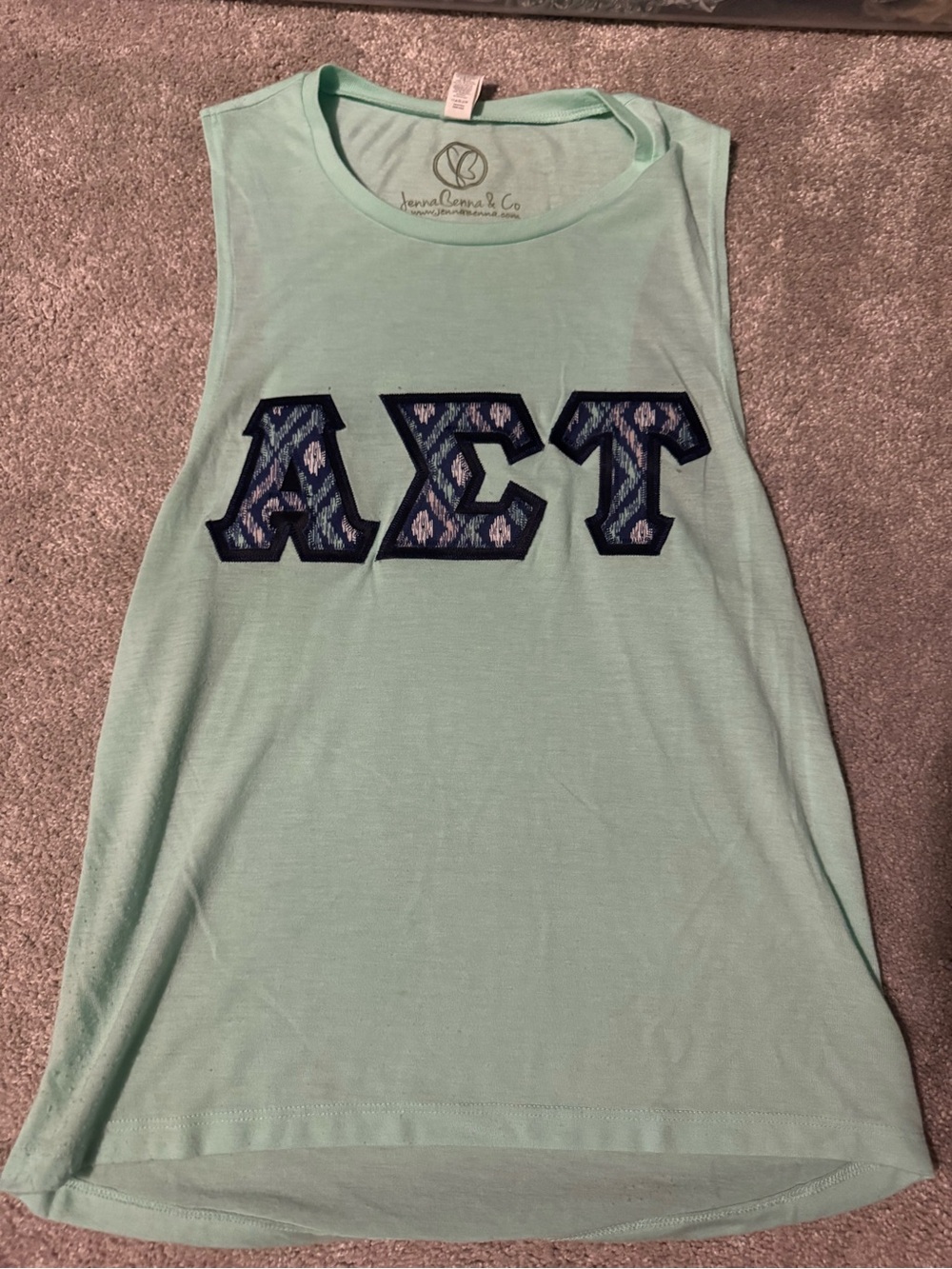 AST (Alpha Sigma Tau) Mint Green Tank with Navy Patterned Applique